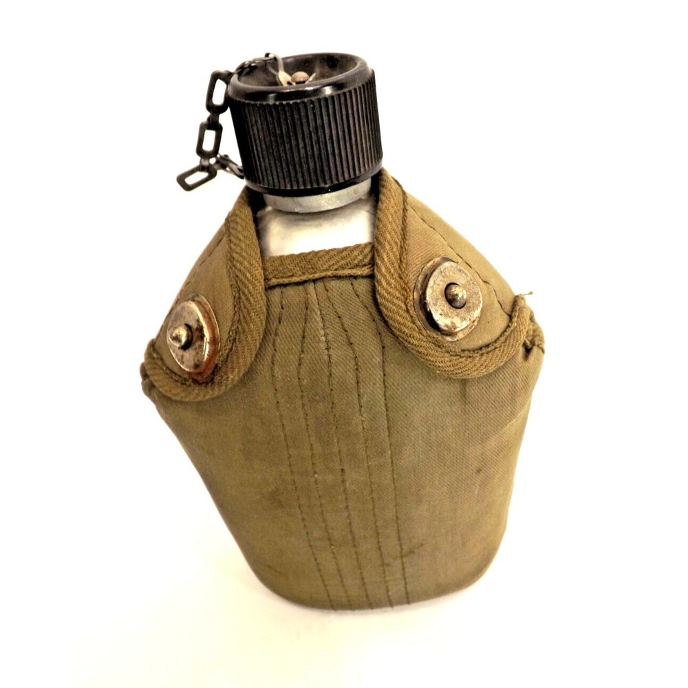 Vintage Military Aluminum Metal Water Canteen With Canvas Pouch Made in Japan